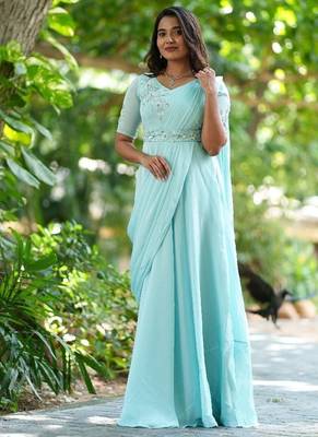 Pastelblue hand embroidered pre-pleated drape anarkali with belt 1