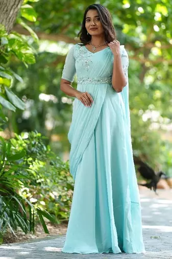 Pastelblue hand embroidered pre-pleated drape anarkali with belt