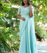 Pastelblue hand embroidered pre-pleated drape anarkali with belt