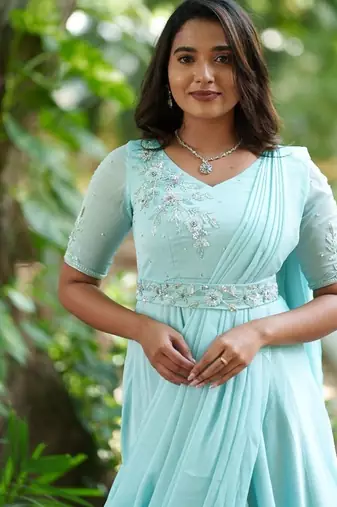 Pastelblue hand embroidered pre-pleated drape anarkali with belt