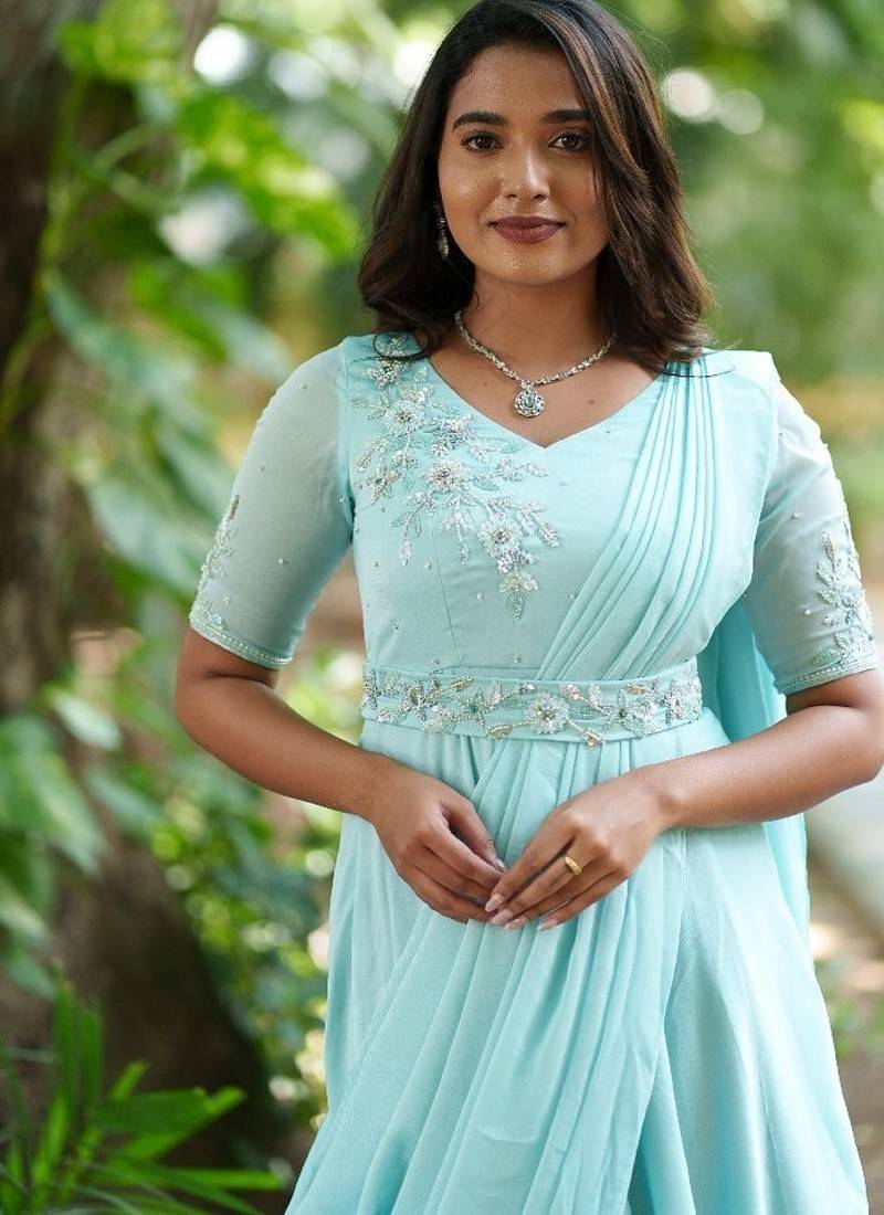 Pastelblue hand embroidered pre-pleated drape anarkali with belt