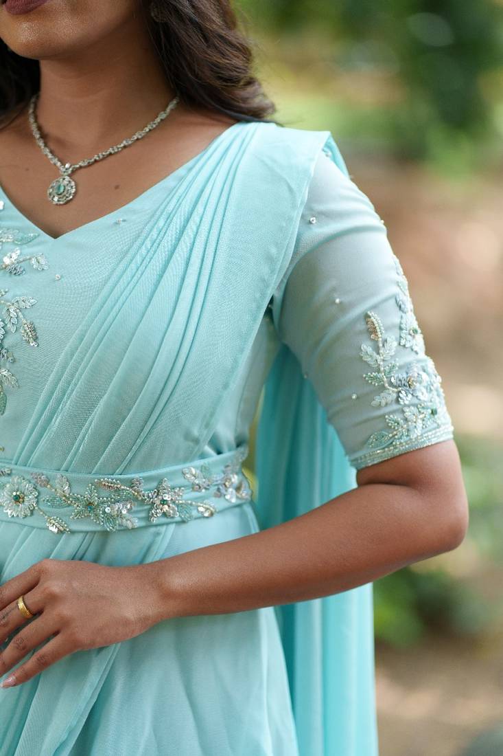 Pastelblue hand embroidered pre-pleated drape anarkali with belt