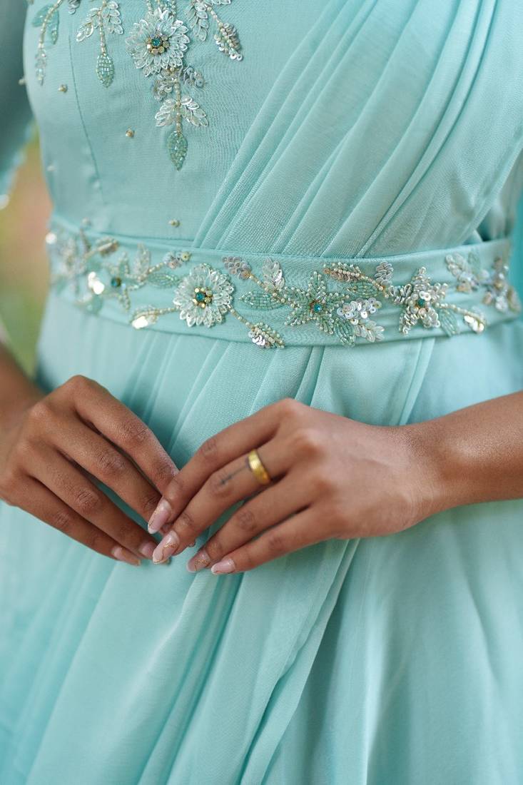 Pastelblue hand embroidered pre-pleated drape anarkali with belt