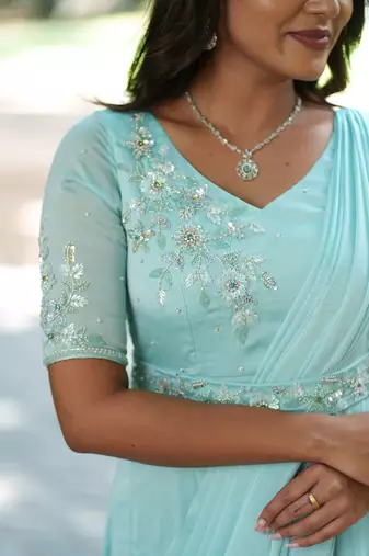 Pastelblue hand embroidered pre-pleated drape anarkali with belt