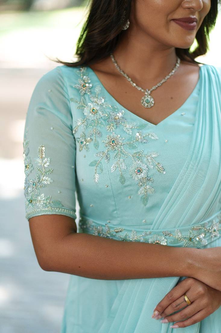 Pastelblue hand embroidered pre-pleated drape anarkali with belt