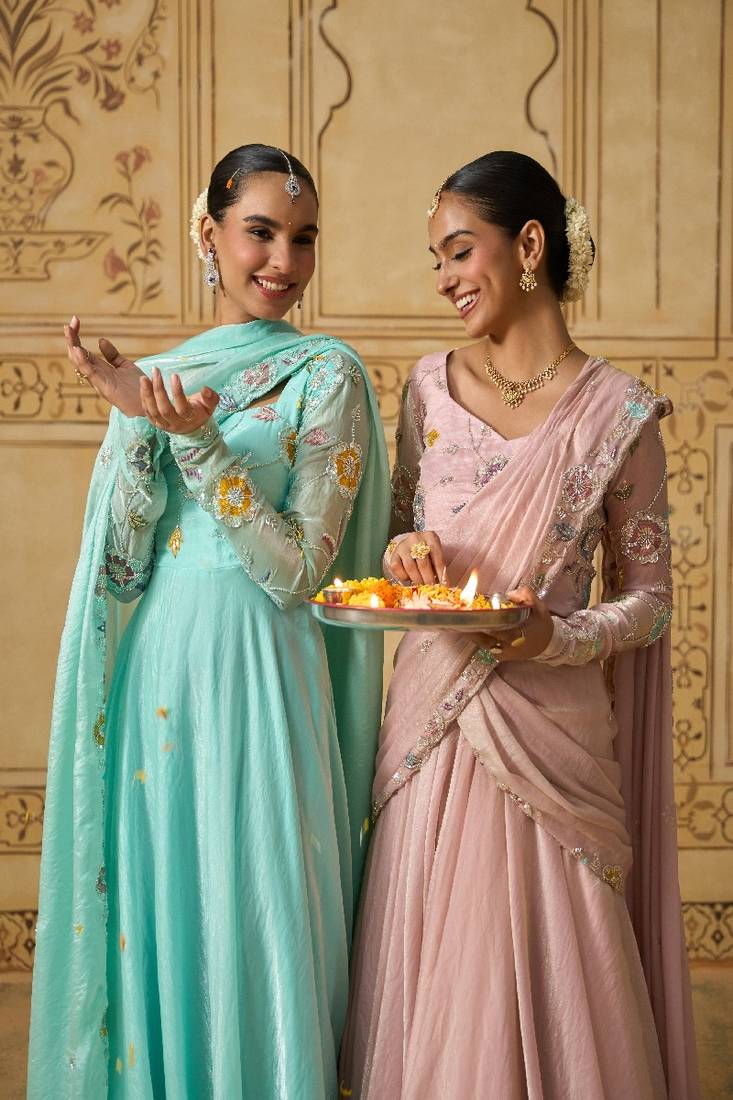 Sky blue floral embroidered anarkali with dupatta