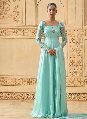 Sky blue floral embroidered anarkali with dupatta 1