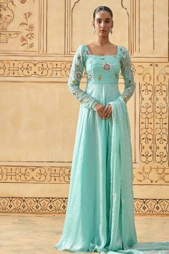 Sky blue floral embroidered anarkali with dupatta