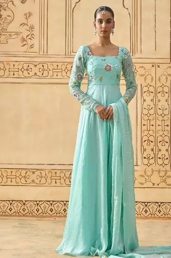 Sky blue floral embroidered anarkali with dupatta