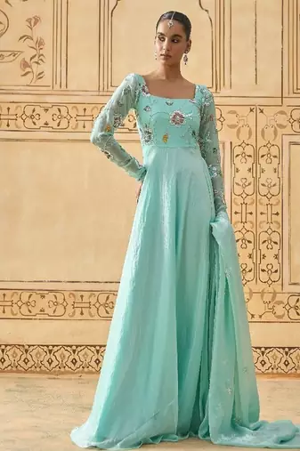 Sky blue floral embroidered anarkali with dupatta