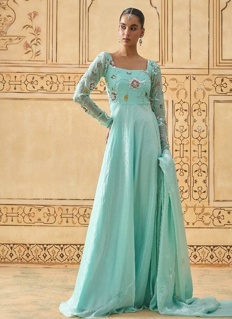 Sky blue floral embroidered anarkali with dupatta