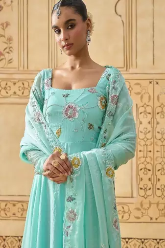 Sky blue floral embroidered anarkali with dupatta