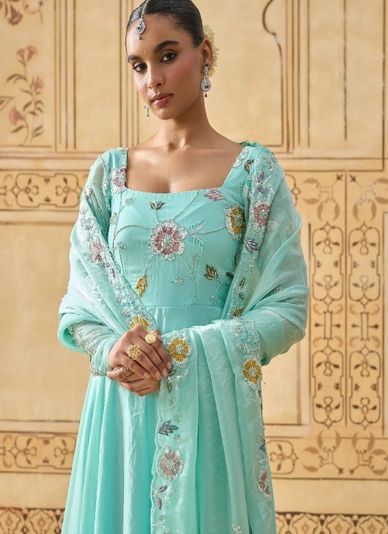 Sky blue floral embroidered anarkali with dupatta
