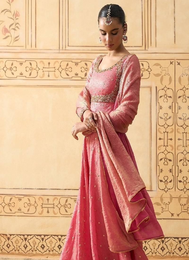 Onion pink hand embroidered anarkali with dupatta