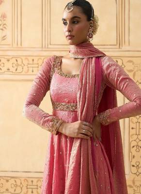 Onion pink hand embroidered anarkali with dupatta 4