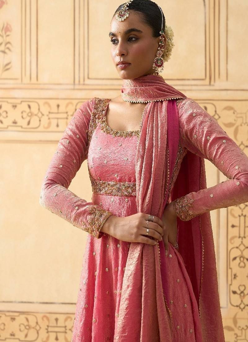 Onion pink hand embroidered anarkali with dupatta
