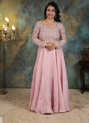 Mauve pink heavy embroidered cosmo silk anarkali 1