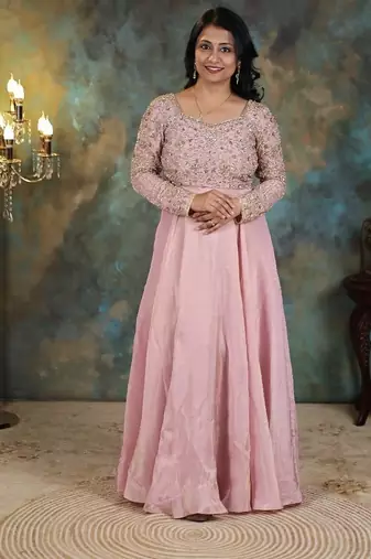 Mauve pink heavy embroidered cosmo silk anarkali