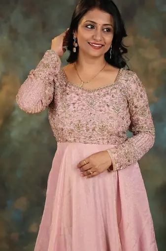Mauve pink heavy embroidered cosmo silk anarkali