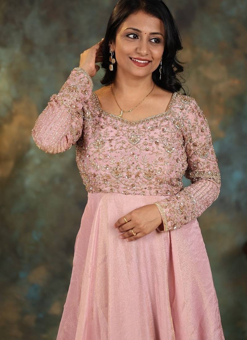 Mauve pink heavy embroidered cosmo silk anarkali