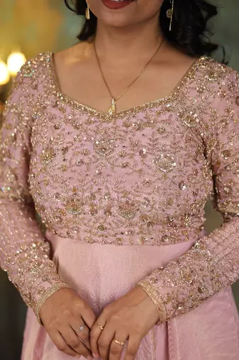 Mauve pink heavy embroidered cosmo silk anarkali