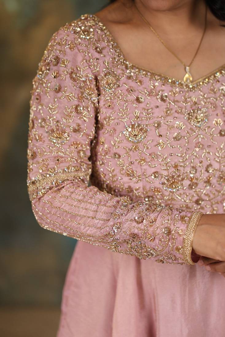 Mauve pink heavy embroidered cosmo silk anarkali