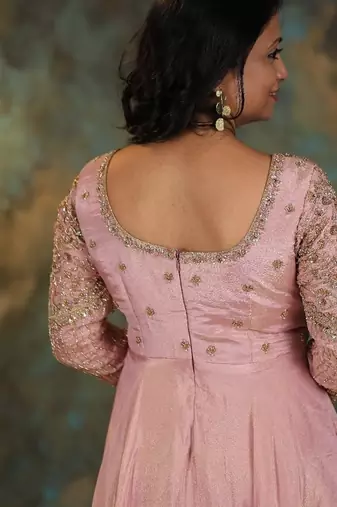 Mauve pink heavy embroidered cosmo silk anarkali