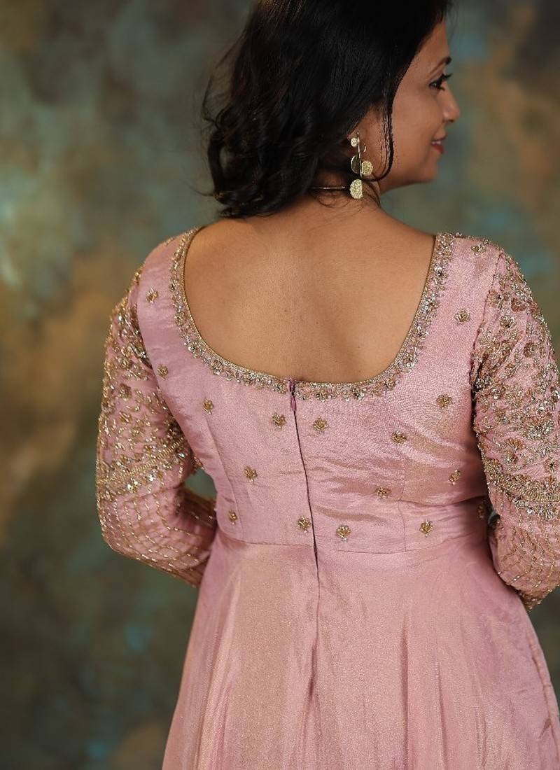 Mauve pink heavy embroidered cosmo silk anarkali