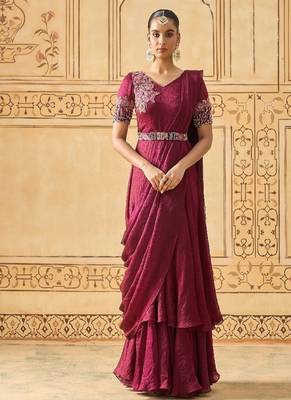 Wine hand embroidered drape anarkali with belt 1