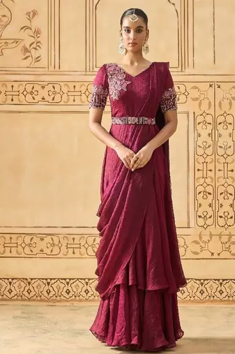 Wine hand embroidered drape anarkali with belt