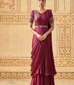 Wine hand embroidered drape anarkali with belt