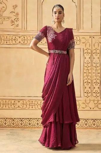 Wine hand embroidered drape anarkali with belt