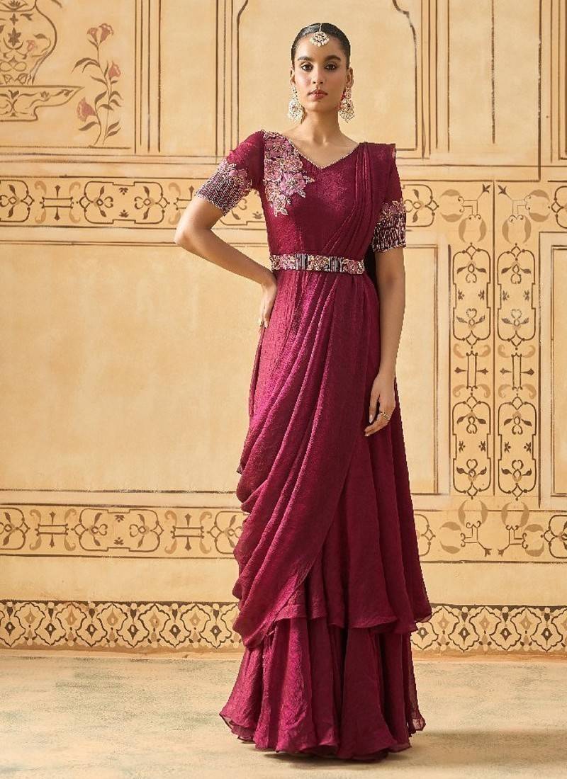Wine hand embroidered drape anarkali with belt