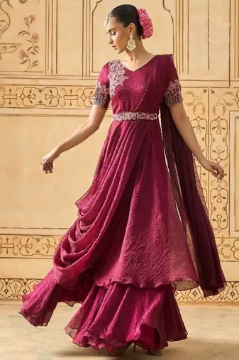 Wine hand embroidered drape anarkali with belt