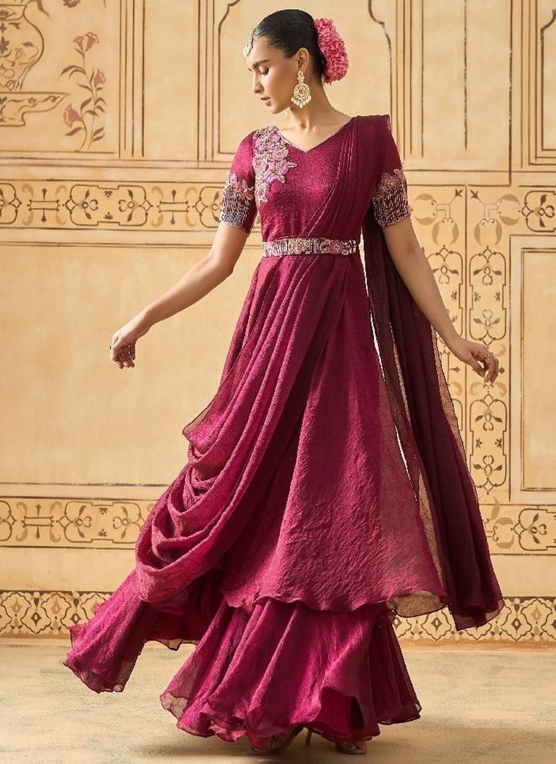 Wine hand embroidered drape anarkali with belt