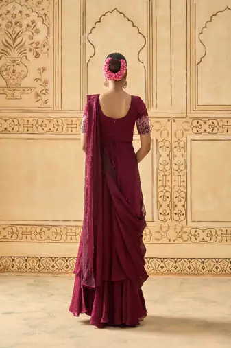 Wine hand embroidered drape anarkali with belt