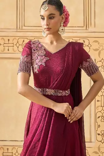 Wine hand embroidered drape anarkali with belt