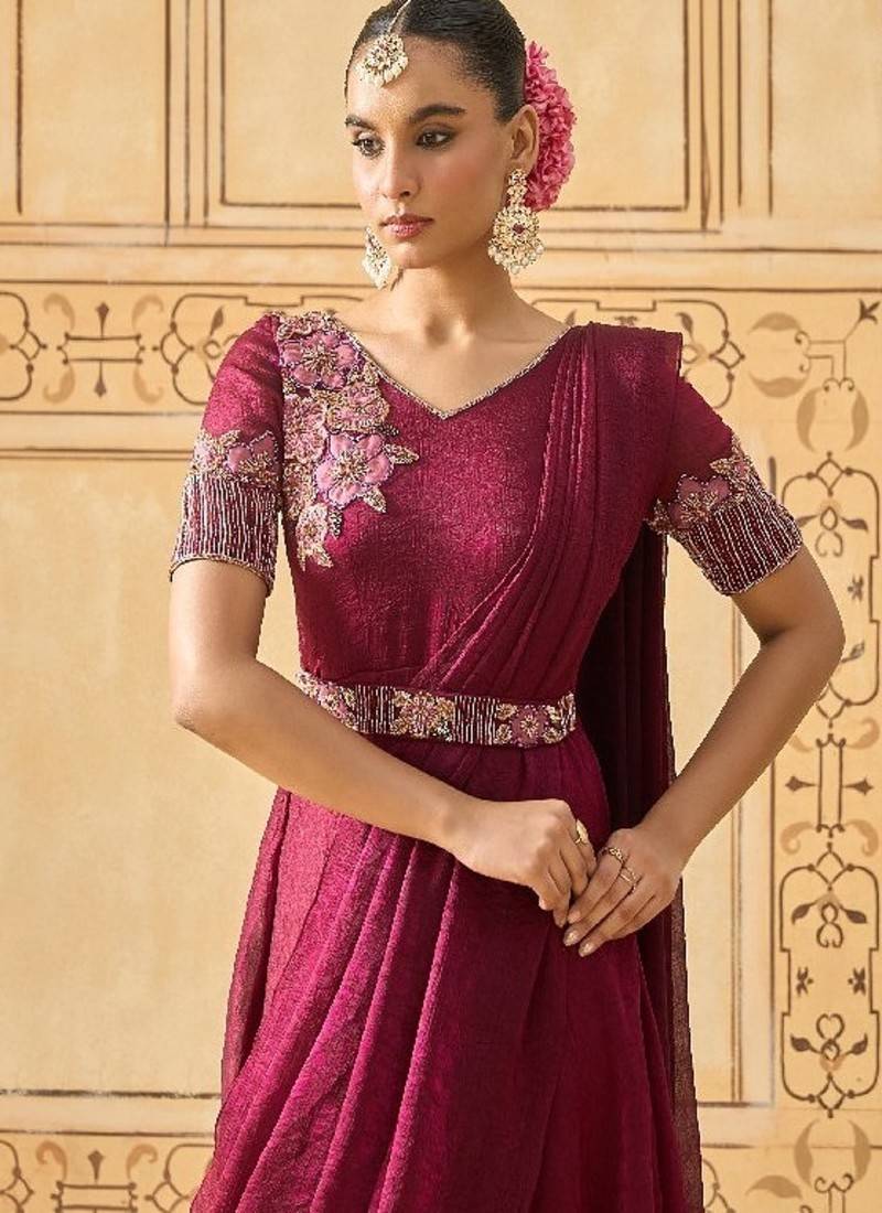 Wine hand embroidered drape anarkali with belt