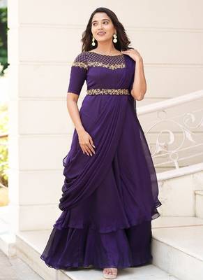 Purple hand embroidered drape dress with belt 1
