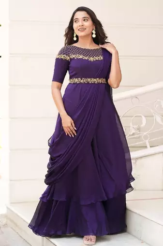 Purple hand embroidered drape dress with belt
