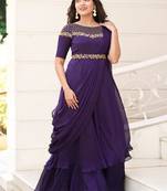 Purple hand embroidered drape dress with belt