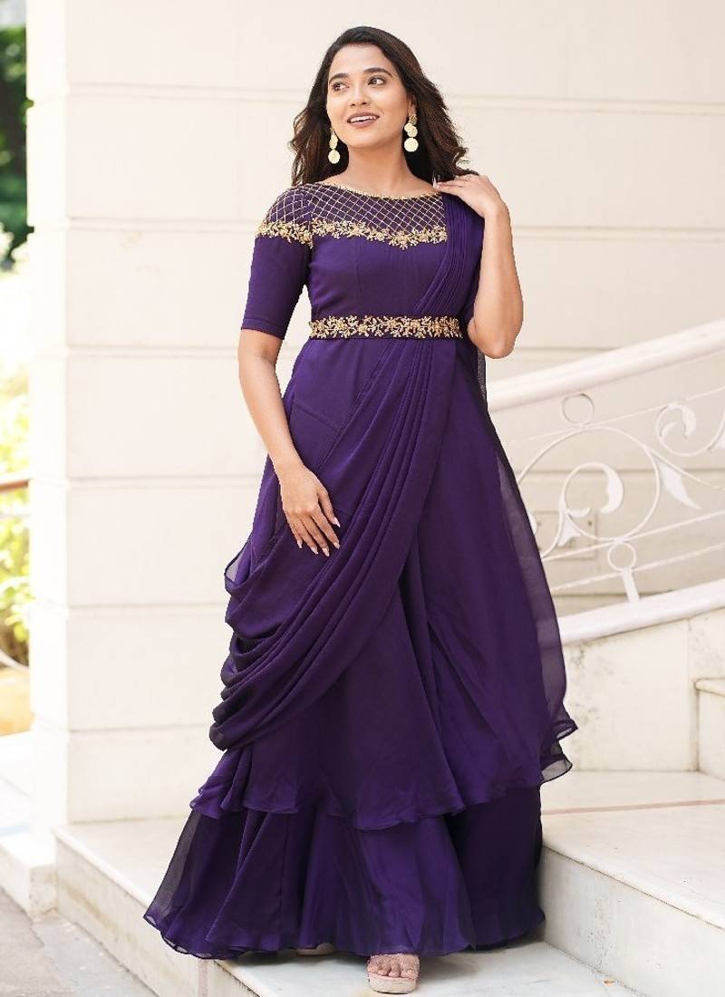 Purple hand embroidered drape dress with belt