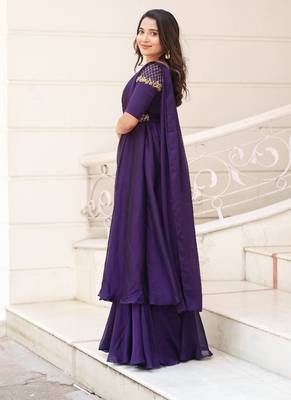 Purple hand embroidered drape dress with belt 2
