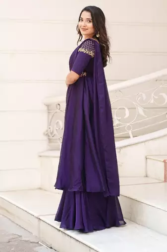 Purple hand embroidered drape dress with belt