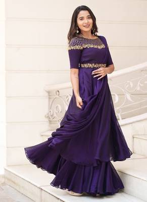 Purple hand embroidered drape dress with belt 3