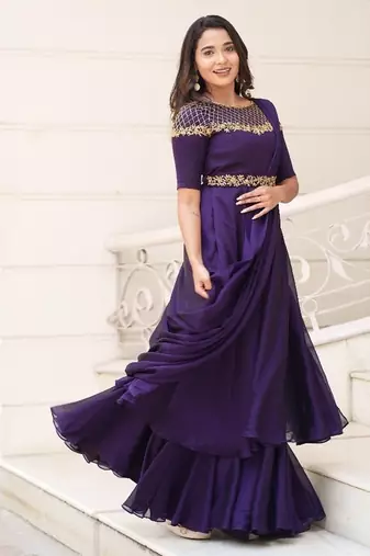 Purple hand embroidered drape dress with belt