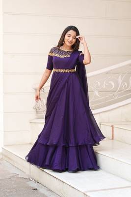 Purple hand embroidered drape dress with belt 4