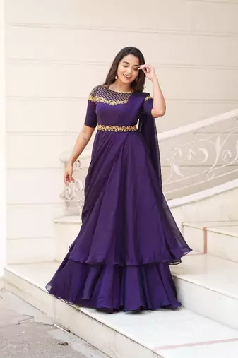 Purple hand embroidered drape dress with belt