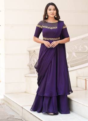 Purple hand embroidered drape dress with belt 5