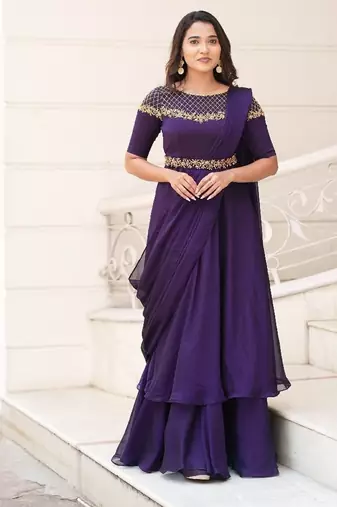 Purple hand embroidered drape dress with belt
